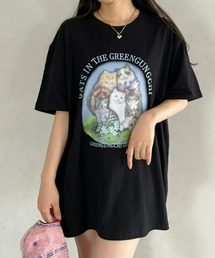 【S~XXLサイズ】キャットプリントオーバーTシャツ