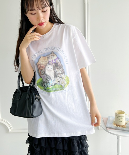√nuage(ルートニュアージュ)の「【S~XXLサイズ】キャットプリントオーバーTシャツ(Tシャツ/カットソー・レディース・ブラック/ホワイト/チャコールグレー・XL/XXL/S/M/L)」の5枚目の写真