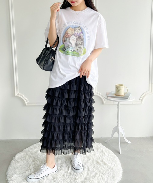 √nuage(ルートニュアージュ)の「【S~XXLサイズ】キャットプリントオーバーTシャツ(Tシャツ/カットソー・レディース・ブラック/ホワイト/チャコールグレー・XL/XXL/S/M/L)」の6枚目の写真