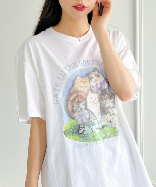 √nuage(ルートニュアージュ)の「【S~XXLサイズ】キャットプリントオーバーTシャツ(Tシャツ/カットソー・レディース・ブラック/ホワイト/チャコールグレー・XL/XXL/S/M/L)」の4枚目の写真