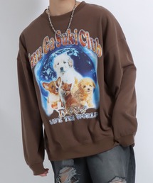 Salong hameu | 犬が世界を救うフォトプリント & 別注 リンガーTシャツ風 犬ロゴプリント 裏起毛スウェットトップス メンズ レディース/長袖プルオーバートレーナー/犬モチーフ/犬グッズ(スウェット)