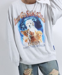 犬が世界を救うフォトプリント & 別注 リンガーTシャツ風 犬ロゴプリント 裏起毛スウェットトップス メンズ レディース/長袖プルオーバートレーナー/犬モチーフ/犬グッズ