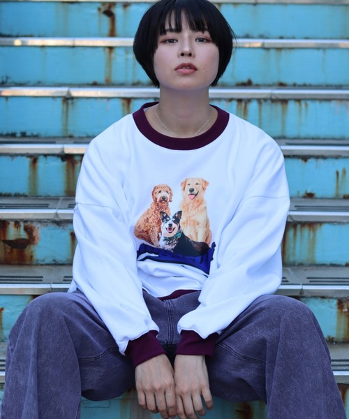 セール】犬が世界を救うフォトプリント & 別注 リンガーTシャツ風 犬 