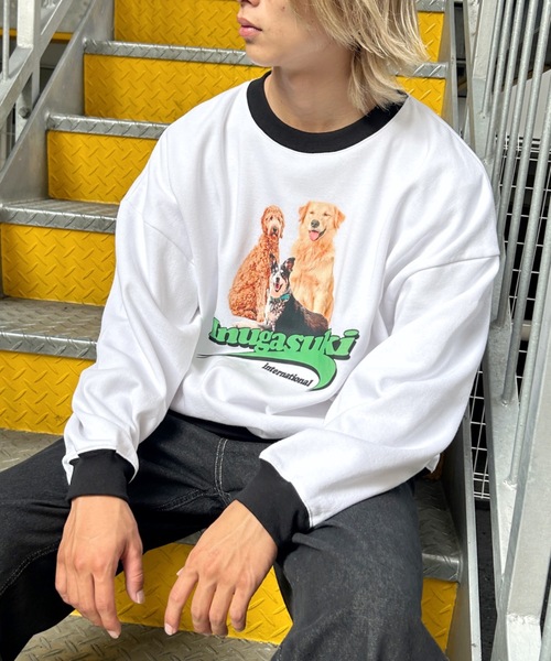 Salong hameu（サロン ハミュー）の「犬が世界を救うフォトプリント & 別注 リンガーTシャツ風 犬ロゴプリント 裏起毛スウェットトップス メンズ レディース/長袖プルオーバートレーナー/犬モチーフ/犬グッズ（スウェット・レディース・グレー系その他/ホワイト/ホワイト系その他/ブラック/ブラック系その他/アッシュグレー/ブラウン/ワインレッド・XL/L/M）」の18枚目の写真