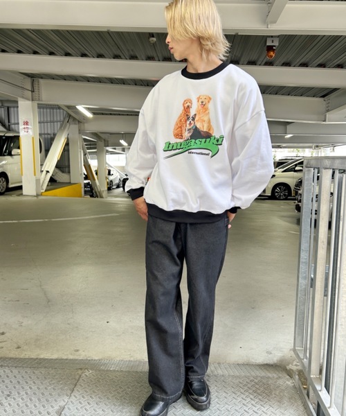 Salong hameu（サロン ハミュー）の「犬が世界を救うフォトプリント & 別注 リンガーTシャツ風 犬ロゴプリント 裏起毛スウェットトップス メンズ レディース/長袖プルオーバートレーナー/犬モチーフ/犬グッズ（スウェット・レディース・グレー系その他/ホワイト/ホワイト系その他/ブラック/ブラック系その他/アッシュグレー/ブラウン/ワインレッド・XL/L/M）」の15枚目の写真
