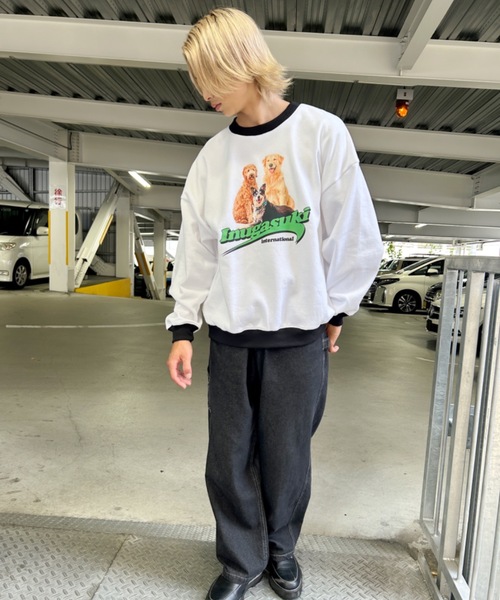 Salong hameu（サロン ハミュー）の「犬が世界を救うフォトプリント & 別注 リンガーTシャツ風 犬ロゴプリント 裏起毛スウェットトップス メンズ レディース/長袖プルオーバートレーナー/犬モチーフ/犬グッズ（スウェット・レディース・グレー系その他/ホワイト/ホワイト系その他/ブラック/ブラック系その他/アッシュグレー/ブラウン/ワインレッド・XL/L/M）」の13枚目の写真