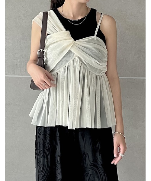 Re:EDIT（リエディ）の「[販売枚数2.6万枚突破][お気に入り登録数8万]ソフトチュールアシンメトリーデザインキャミソールトップス（キャミソール・レディース・グレー/ブラック/ホワイト系/グレイッシュベージュ・LARGE/MEDIUM）」の14枚目の写真