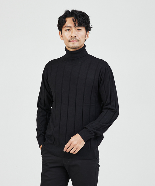 ABAHOUSE GRAY(アバハウスグレイ)の「【カシミアタッチ】シャドーストライプ タートルネック ニット(ニット/セーター・メンズ・グレイッシュベージュ/ブラック/ブルー/ホワイト・48/46)」の3枚目の写真