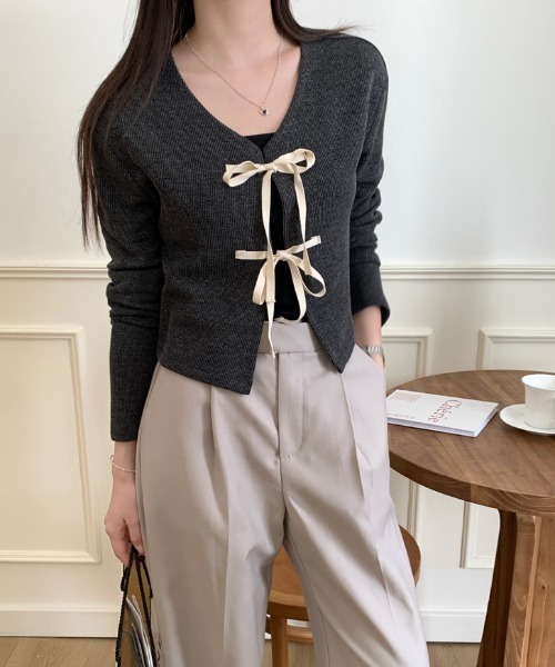 LAC-VERT（ラック・ヴェール）の「クロップドリボンカーディガン（カーディガン/ボレロ・レディース・グリーン/ダークグレー/ピンク・FREE）」の13枚目の写真