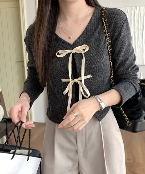 LAC-VERT（ラック・ヴェール）の「クロップドリボンカーディガン（カーディガン/ボレロ・レディース・グリーン/ダークグレー/ピンク・FREE）」の15枚目の写真