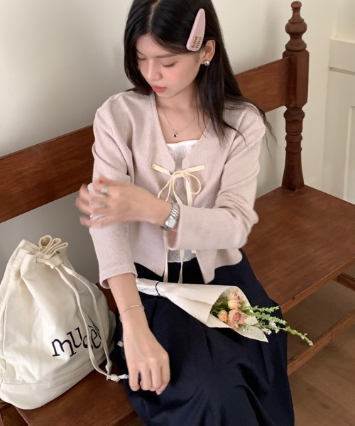 LAC-VERT（ラック・ヴェール）の「クロップドリボンカーディガン（カーディガン/ボレロ・レディース・グリーン/ダークグレー/ピンク・FREE）」の8枚目の写真