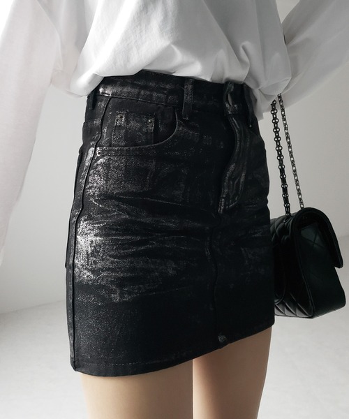 me+em select(ミームセレクト)の「【 インパン裏地付 】箔プリントブラックデニムミニスカート / haku print black denim mini skirt(デニムスカート・レディース・ブラック・SMALL/MEDIUM)」の6枚目の写真