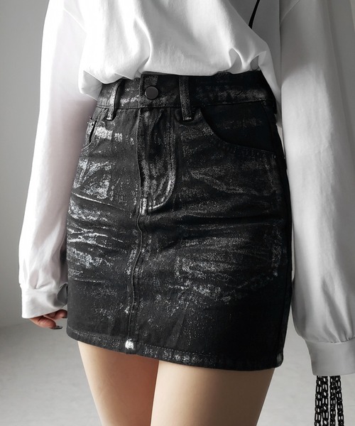 me+em select(ミームセレクト)の「【 インパン裏地付 】箔プリントブラックデニムミニスカート / haku print black denim mini skirt(デニムスカート・レディース・ブラック・SMALL/MEDIUM)」の7枚目の写真