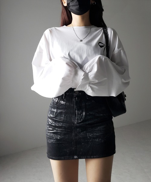 me+em select(ミームセレクト)の「【 インパン裏地付 】箔プリントブラックデニムミニスカート / haku print black denim mini skirt(デニムスカート・レディース・ブラック・SMALL/MEDIUM)」の8枚目の写真