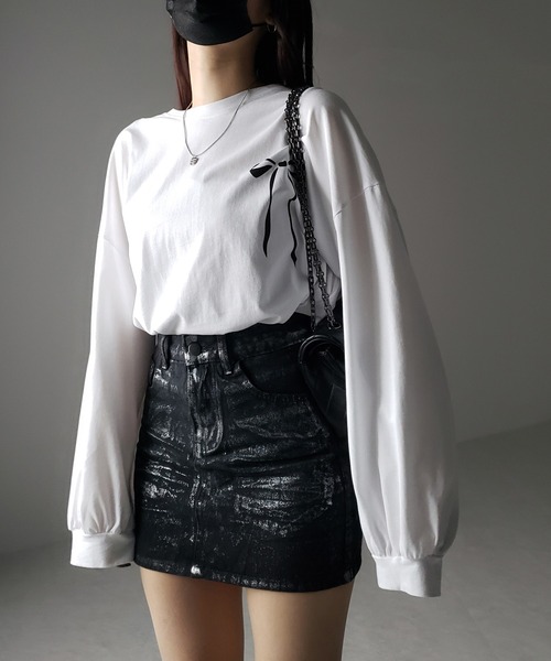 me+em select(ミームセレクト)の「【 インパン裏地付 】箔プリントブラックデニムミニスカート / haku print black denim mini skirt(デニムスカート・レディース・ブラック・SMALL/MEDIUM)」の9枚目の写真