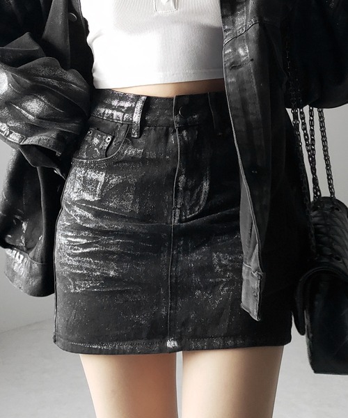 me+em select(ミームセレクト)の「【 インパン裏地付 】箔プリントブラックデニムミニスカート / haku print black denim mini skirt(デニムスカート・レディース・ブラック・SMALL/MEDIUM)」の11枚目の写真