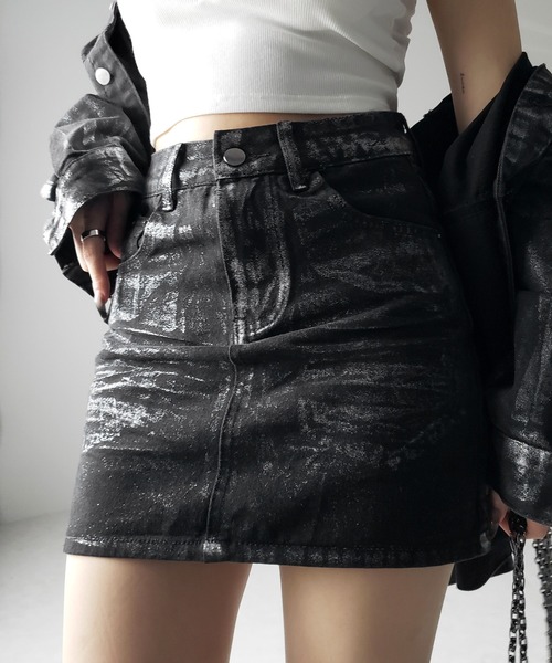 me+em select(ミームセレクト)の「【 インパン裏地付 】箔プリントブラックデニムミニスカート / haku print black denim mini skirt(デニムスカート・レディース・ブラック・SMALL/MEDIUM)」の12枚目の写真