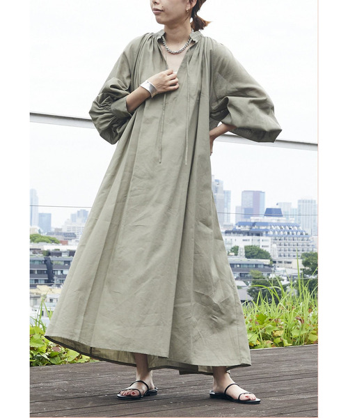 【美品】プルミエアロンディスモン ラミーコットンギャザーワンピース 新品 プルミエアロンディスモン 定価3.9万 ラミーコットン