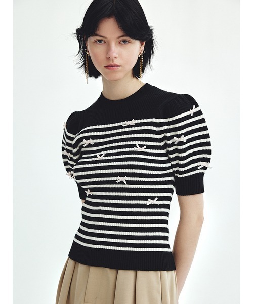 FURFUR(ファーファー)の「【WEB限定カラー】バスクボーダーリボンニットトップス(ニット/セーター・レディース・ホワイト/ライトブルー/ブラック/サックスブルー・FREE)」の7枚目の写真