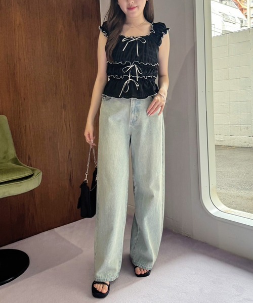 one after another NICE CLAUP（ワンアフターアナザーナイスクラップ）の「フリルメロービスチェ（タンクトップ・レディース・ブラック/レッド/アイボリー・FREE）」の4枚目の写真