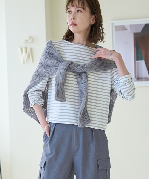 ROPE' PICNIC（ロペピクニック）の「細ボーダー天竺トップス/リンクコーデ（Tシャツ/カットソー・レディース・ブルー/グレー系その他/ホワイト系その他5・38）」の6枚目の写真