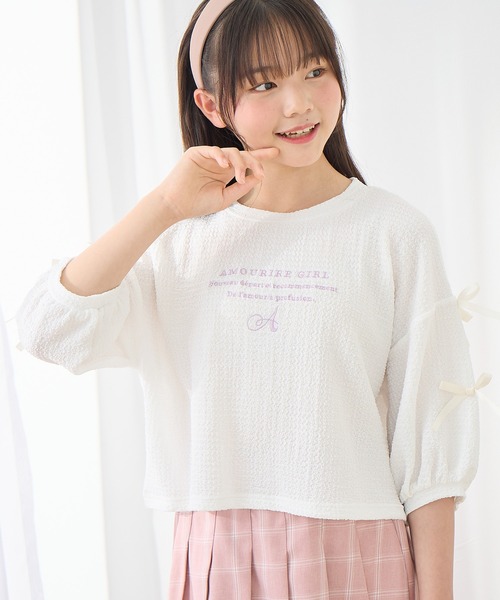 2023年モデル☆アディアム　半袖カットソー　ウエストリボン　XS　ホワイト シルキーサテン ボウタイパールブラウス 長袖 レディース(M