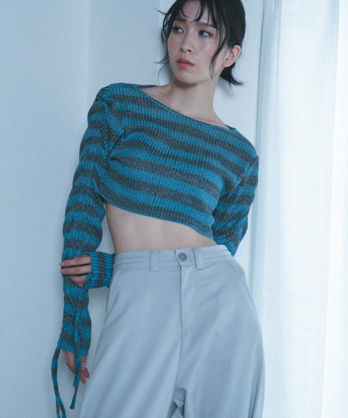 Nora Lily elle(ノラリリーエル)の「【Nora Lily】「elle」Shirring Sleeve Border Short Top(Tシャツ/カットソー・レディース・グレー系その他/ブルー系その他/パープル系その他・FREE)」の3枚目の写真