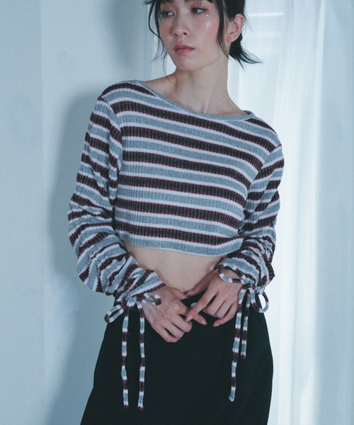 Nora Lily elle(ノラリリーエル)の「【Nora Lily】「elle」Shirring Sleeve Border Short Top(Tシャツ/カットソー・レディース・グレー系その他/ブルー系その他/パープル系その他・FREE)」の15枚目の写真