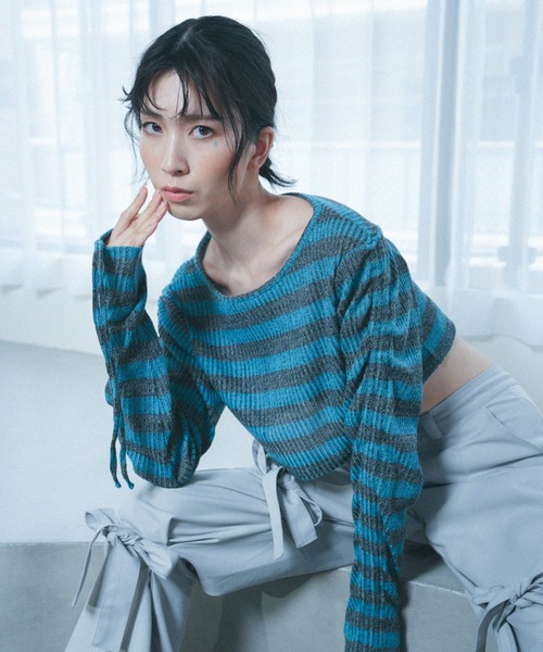Nora Lily elle(ノラリリーエル)の「【Nora Lily】「elle」Shirring Sleeve Border Short Top(Tシャツ/カットソー・レディース・グレー系その他/ブルー系その他/パープル系その他・FREE)」の10枚目の写真