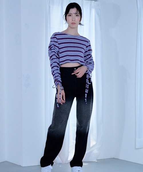 Nora Lily elle(ノラリリーエル)の「【Nora Lily】「elle」Shirring Sleeve Border Short Top(Tシャツ/カットソー・レディース・グレー系その他/ブルー系その他/パープル系その他・FREE)」の8枚目の写真