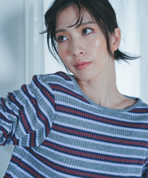 Nora Lily elle(ノラリリーエル)の「【Nora Lily】「elle」Shirring Sleeve Border Short Top(Tシャツ/カットソー・レディース・グレー系その他/ブルー系その他/パープル系その他・FREE)」の4枚目の写真