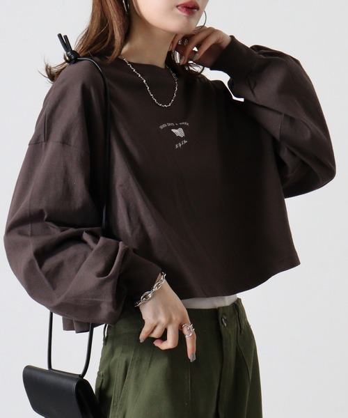 spiritoso(スピリトーゾ)の「spiritoso アメリカンフラッグクロップド丈Tシャツ(Tシャツ/カットソー・レディース・モカ/オリーブ/チャコール/オフホワイト・F)」の8枚目の写真