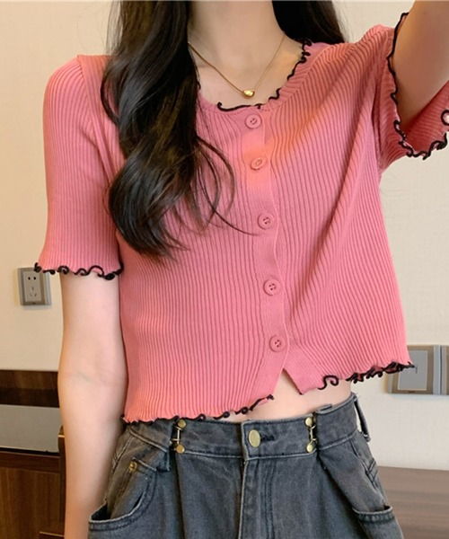 Lilamusant（リラミュゾン）の「【RS】【Lilamusant(リラミュゾン)】配色メロー半袖リブニットクロップドトップス（カーディガン/ボレロ・レディース・アイボリー/ホワイト/ピンク/ブルー/ブラック・FREE）」の5枚目の写真