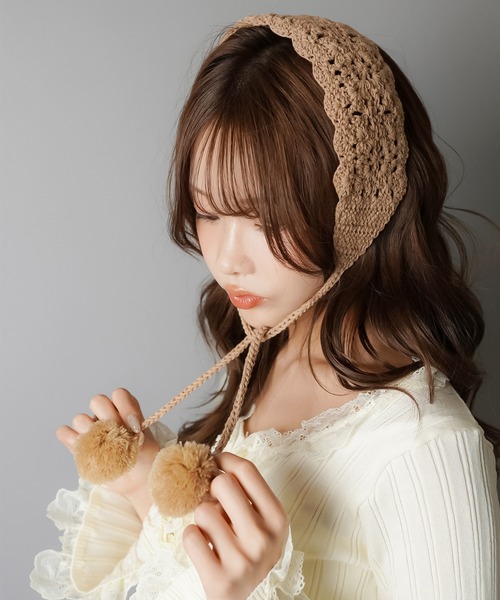 セール】ポンポン付き レースイヤーマフ/イヤマフ/ヘアバンド