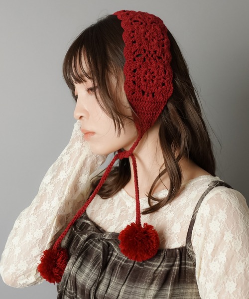 セール】ポンポン付き レースイヤーマフ/イヤマフ/ヘアバンド