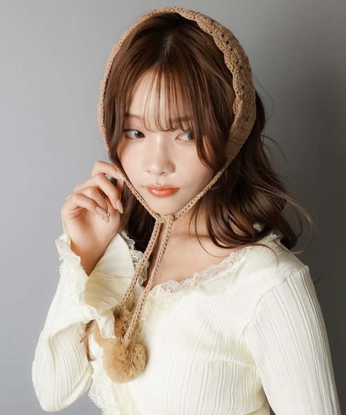 ポンポン付き レースイヤーマフ/イヤマフ/ヘアバンド（イヤーマフ