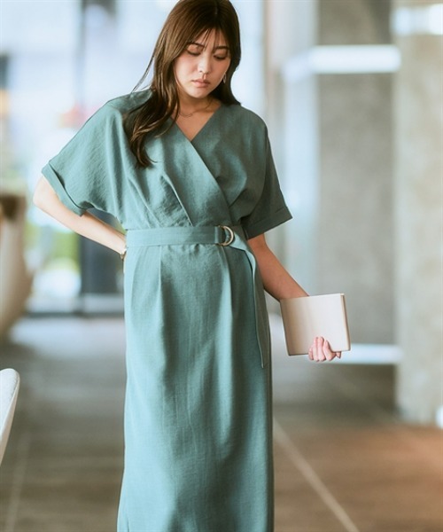 7days Life Styling(セブンデイズライフスタイリング)の「麻調合繊カシュクールタイトスカートワンピース(しわになりにくい・接触冷感・UVカット・ウォッシャブル)<大きいサイズ有>(ワンピース・レディース・グリーン/モカ/ネイビー・S/M/L/LL/3L/4L/5L/6L)」の6枚目の写真