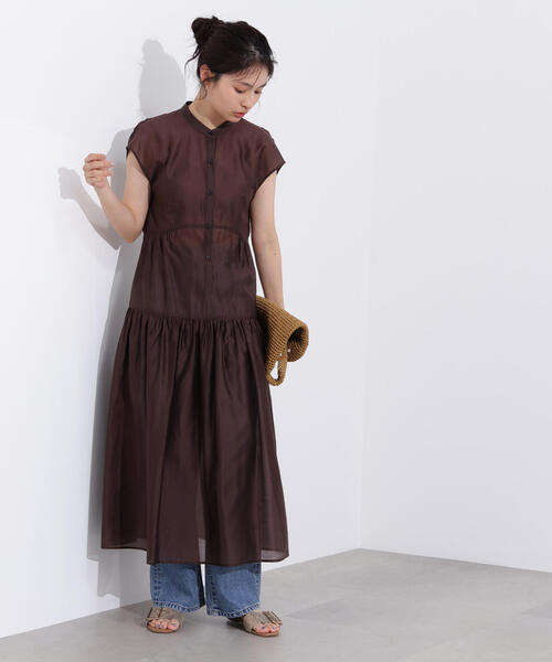 N.(N. Natural Beauty Basic)(エヌエヌナチュラルビューティーベーシック)の「バンドカラーシアーワンピース(ワンピース・レディース・オレンジ/イエロー/ブラウン・MEDIUM)」の1枚目の写真