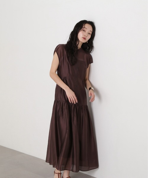 N.(N. Natural Beauty Basic)(エヌエヌナチュラルビューティーベーシック)の「バンドカラーシアーワンピース(ワンピース・レディース・オレンジ/イエロー/ブラウン・MEDIUM)」の4枚目の写真