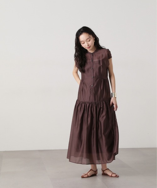 N.(N. Natural Beauty Basic)(エヌエヌナチュラルビューティーベーシック)の「バンドカラーシアーワンピース(ワンピース・レディース・オレンジ/イエロー/ブラウン・MEDIUM)」の5枚目の写真