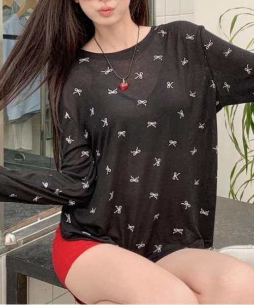 Vipoa（ヴィポア）の「リボンプリントロングTシャツ（Tシャツ/カットソー・レディース・ホワイト/グレー/ブラック・FREE）」の16枚目の写真