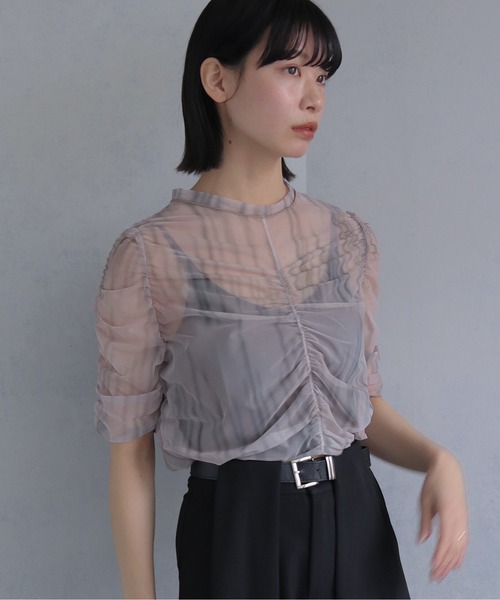 cheriella】プリントシアーギャザートップス半袖 PRINT SHEER GATHER