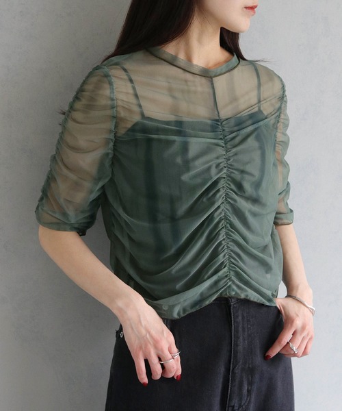 cheriella(シェリエラ)の「【cheriella】プリントシアーギャザートップス半袖 PRINT SHEER GATHER SHORT TOPS(Tシャツ/カットソー・レディース・ベージュ/パープル/カーキ/ブルー/グリーン・M)」の2枚目の写真