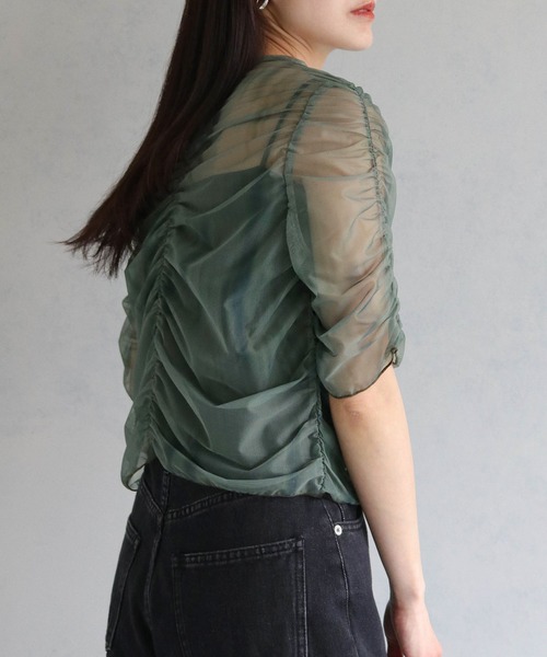 cheriella(シェリエラ)の「【cheriella】プリントシアーギャザートップス半袖 PRINT SHEER GATHER SHORT TOPS(Tシャツ/カットソー・レディース・ベージュ/パープル/カーキ/ブルー/グリーン・M)」の10枚目の写真
