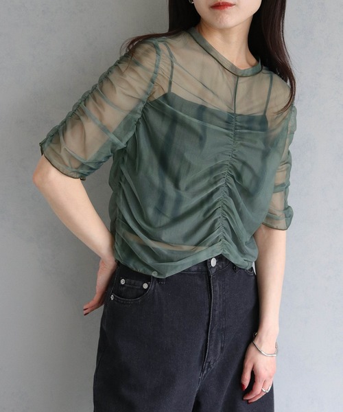 cheriella(シェリエラ)の「【cheriella】プリントシアーギャザートップス半袖 PRINT SHEER GATHER SHORT TOPS(Tシャツ/カットソー・レディース・ベージュ/パープル/カーキ/ブルー/グリーン・M)」の8枚目の写真