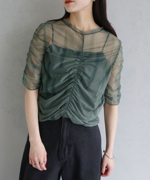 cheriella(シェリエラ)の「【cheriella】プリントシアーギャザートップス半袖 PRINT SHEER GATHER SHORT TOPS(Tシャツ/カットソー・レディース・ベージュ/パープル/カーキ/ブルー/グリーン・M)」の7枚目の写真