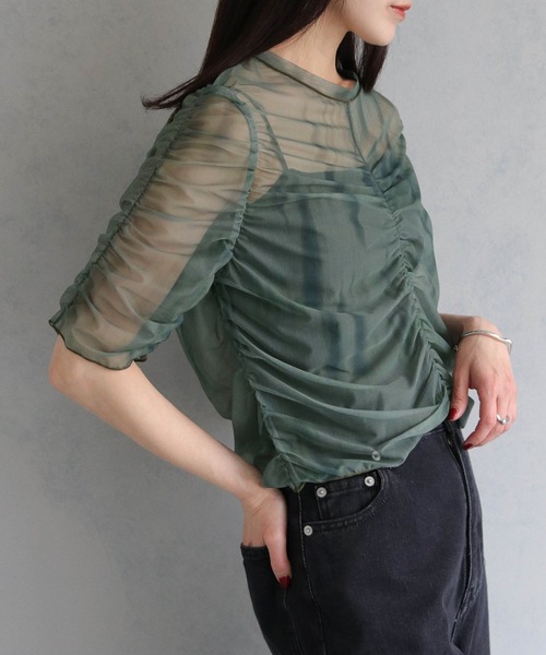 cheriella(シェリエラ)の「【cheriella】プリントシアーギャザートップス半袖 PRINT SHEER GATHER SHORT TOPS(Tシャツ/カットソー・レディース・ベージュ/パープル/カーキ/ブルー/グリーン・M)」の6枚目の写真