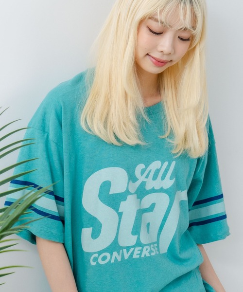 CONVERSE(コンバース)の「【CONVERSE/コンバース】ネップスラブ フットボールTシャツ(Tシャツ/カットソー・レディース・オフホワイト/グリーン・MEDIUM)」の2枚目の写真
