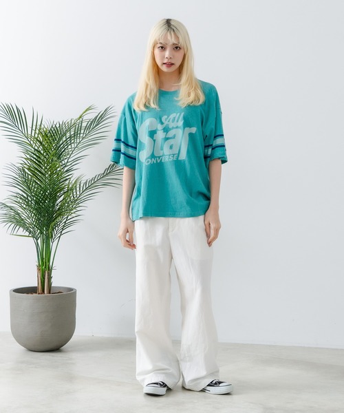 CONVERSE(コンバース)の「【CONVERSE/コンバース】ネップスラブ フットボールTシャツ(Tシャツ/カットソー・レディース・オフホワイト/グリーン・MEDIUM)」の9枚目の写真