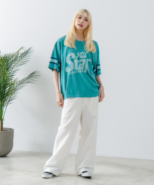 CONVERSE(コンバース)の「【CONVERSE/コンバース】ネップスラブ フットボールTシャツ(Tシャツ/カットソー・レディース・オフホワイト/グリーン・MEDIUM)」の10枚目の写真